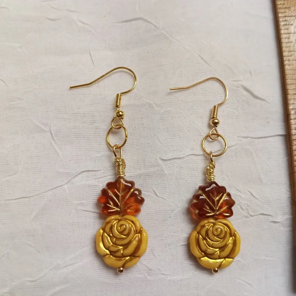 Steel Handmade Hand Crafted Leaf & Rose Beaded Dangle Earrings #55 - Picture 7 of 14